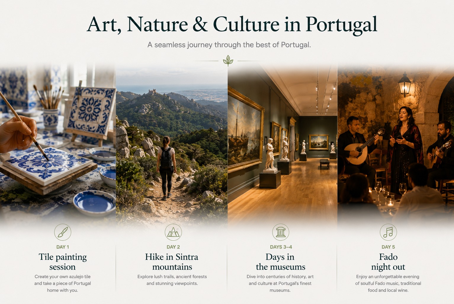 Art, nature and culture example journey: tile painting, Sintra hills, museums and a Fado evening