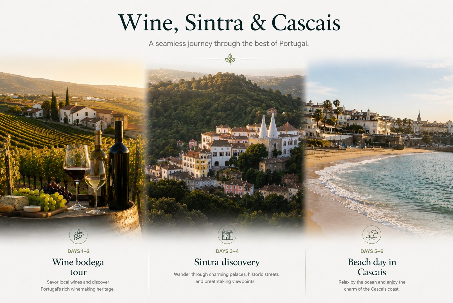 Wine, Sintra and Cascais example journey: vineyards, the Sintra palace and the Cascais coast