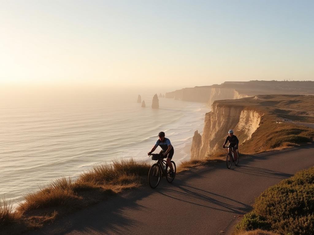 Two cyclists riding a coastal path above the Atlantic near Guincho