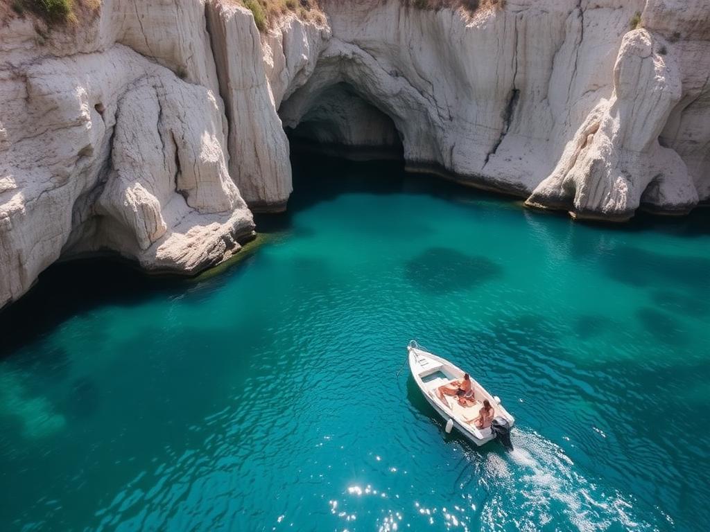 A small boat on clear water inside an Arrábida cove below limestone cliffs