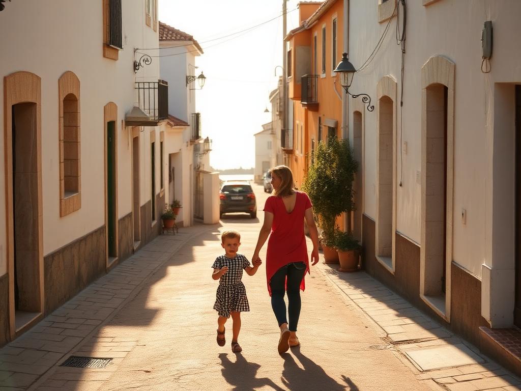 A parent and child walking a quiet coastal village lane in afternoon light