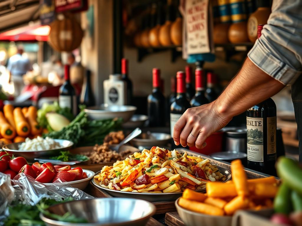 Hands preparing Portuguese food beside local produce and wine at a market stall