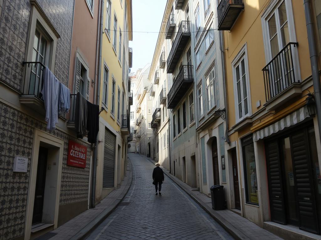 A person walking up a cobbled Lisbon street lined with tiled façades