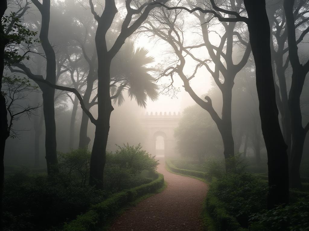 A misty garden path through Sintra forest with historic architecture beyond